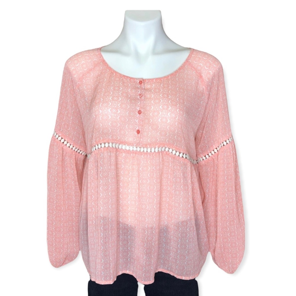 ARIAT Sheer Floral Print Peasant Blouse Peach Cream Medium